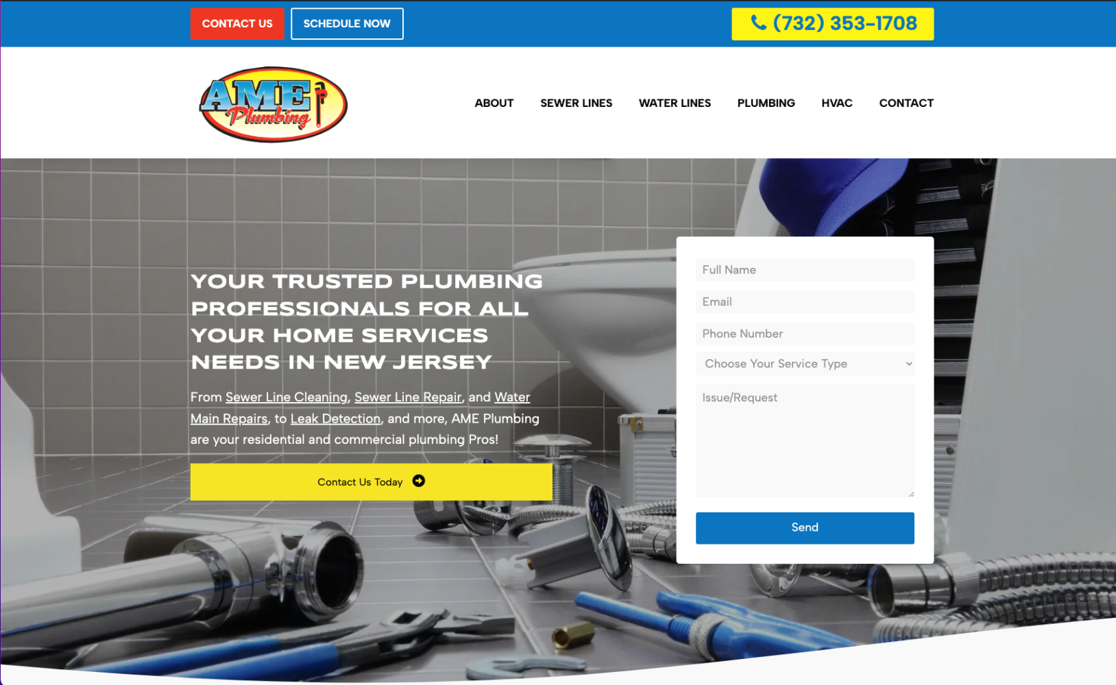 AME Plumbing website homepage featuring plumbing tools, contact form, and tagline emphasizing trusted plumbing services in New Jersey.