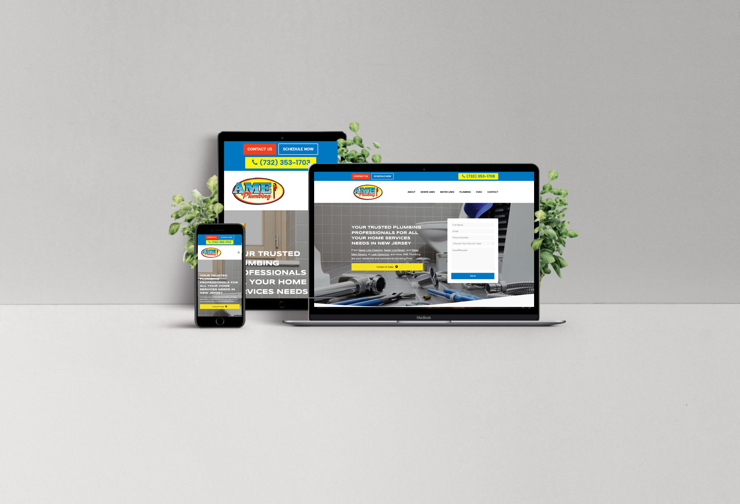 Responsive website design for AME Plumbing displayed on mobile, tablet, and laptop, showcasing plumbing services and contact information, highlighting the digital marketing strategy for improved online presence.