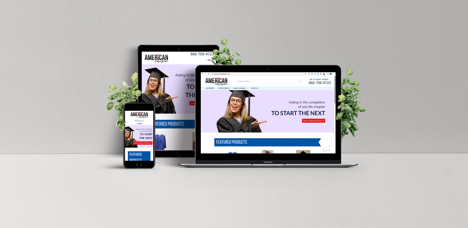 American Cap & Gown website displayed on mobile and laptop devices, featuring a graduate in cap and gown, showcasing e-commerce solutions and product highlights.