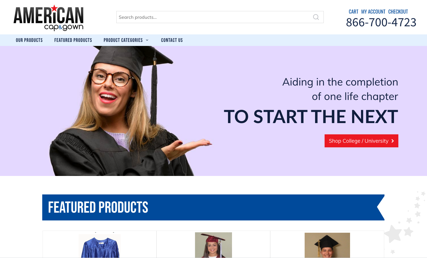 Smiling graduate in cap and gown promoting American Cap & Gown's e-commerce site, featuring a call to action for graduation products.