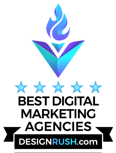 DesignRush five-star rating logo with flame and blue arrow, representing Shoreline Digital Marketing's commitment to excellence in SEO and digital marketing services.