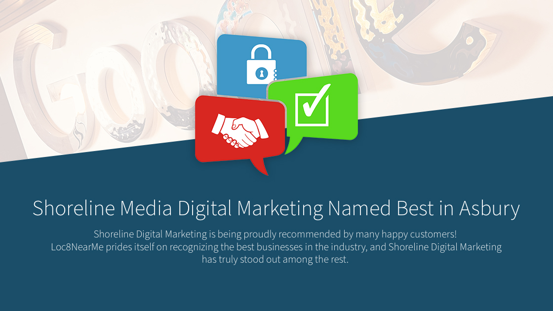 Shoreline Media Digital Marketing recognition graphic with logos and icons symbolizing customer satisfaction and trust, highlighting their award as the best business in Asbury Park, NJ.
