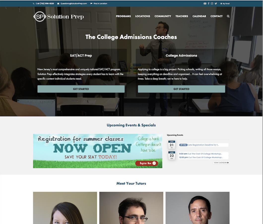 College admissions coaching website homepage featuring Solution Prep branding, program highlights for SAT/ACT prep and college admissions, and a call to action for prospective students.