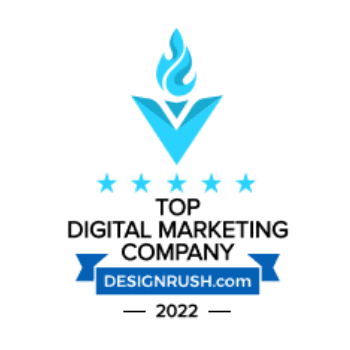 DesignRush logo featuring a flame above a blue triangle and five stars, representing top digital marketing companies to hire in 2022.