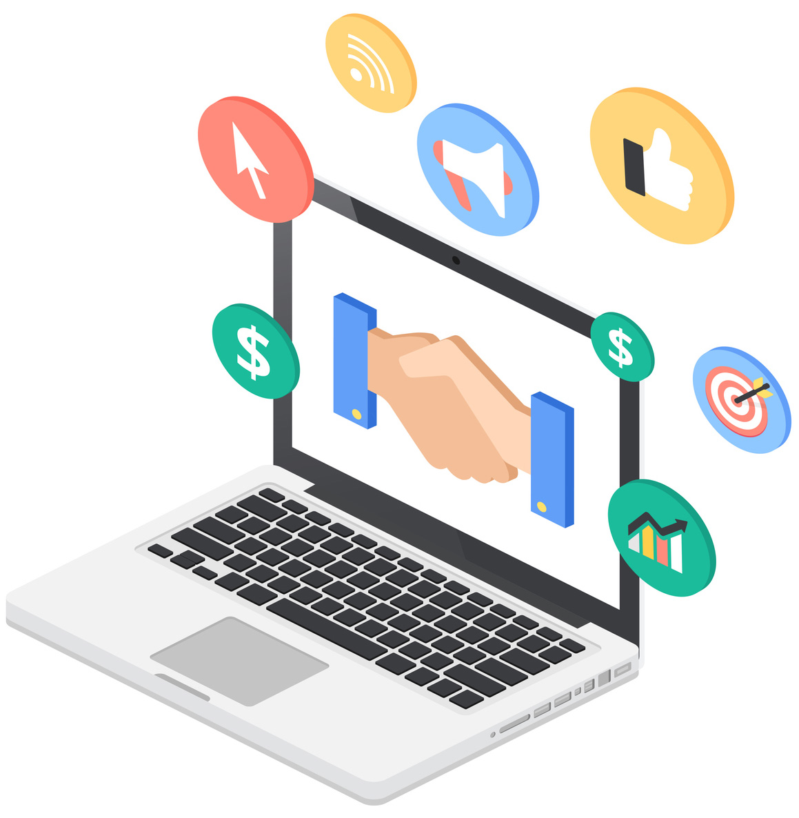 Laptop displaying a handshake symbol, surrounded by icons representing digital marketing elements such as social media, analytics, and advertising, emphasizing the importance of digital marketing strategies for business growth.