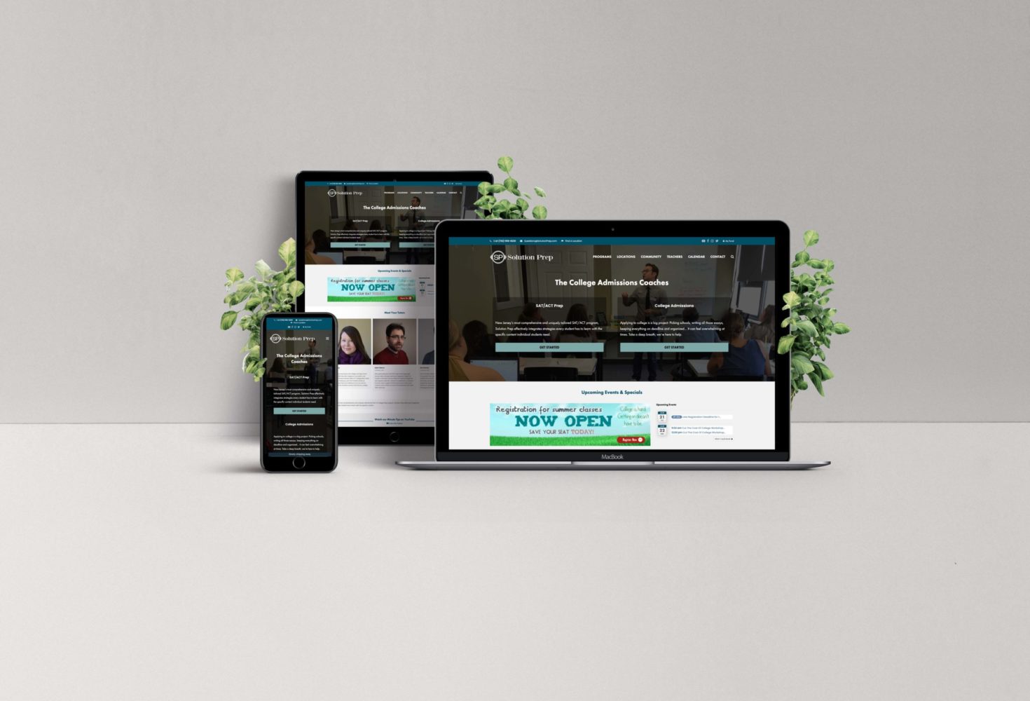 Educational website design showcasing Solution Prep's college admissions services on multiple devices, featuring "NOW OPEN" banner and user-friendly interface for improved navigation and conversions.