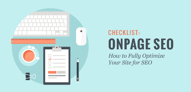 Checklist for On-Page SEO with a keyboard, mouse, notepad, and coffee cup, emphasizing optimization strategies for website content.