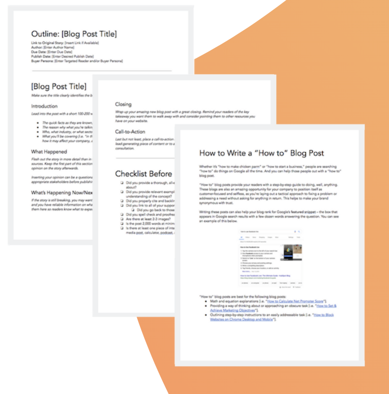 Free blog post templates showcasing structured outlines for effective writing, including sections for introduction, checklist, and call-to-action.