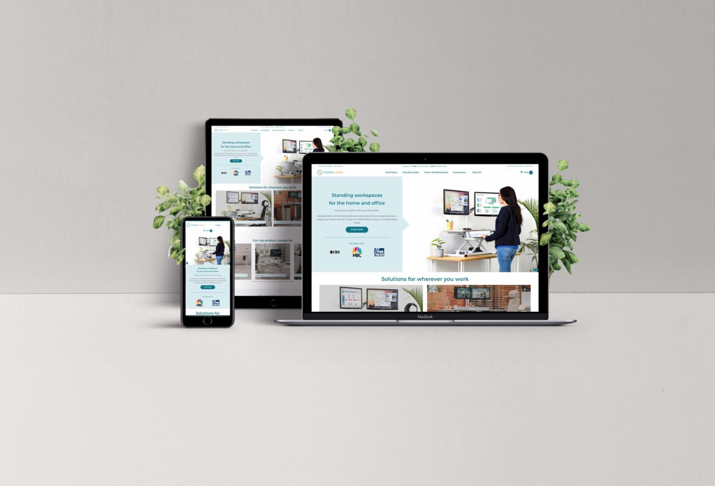 Responsive web design showcasing VersaDesk's ergonomic furniture solutions on multiple devices, featuring a clean interface and user-friendly navigation for enhanced online shopping experience.