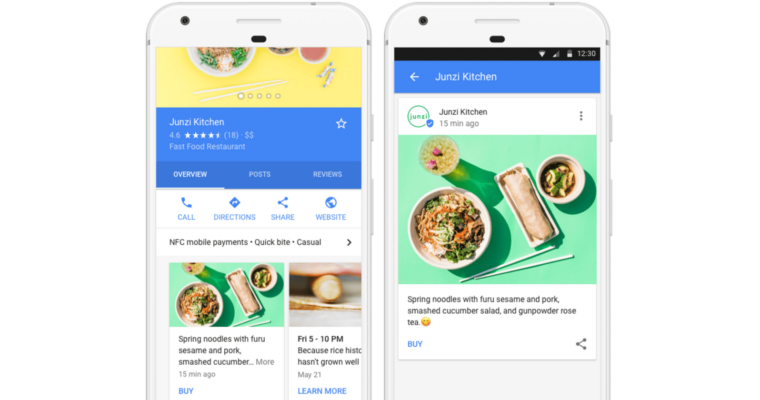 Google Business Profile interface displaying restaurant details and posts, featuring menu items and customer engagement options for Junzi Kitchen.