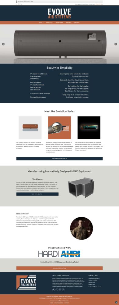 Evolve Air Systems HVAC equipment showcased on a professional website, emphasizing innovative design and brand visibility in the HVAC sector.