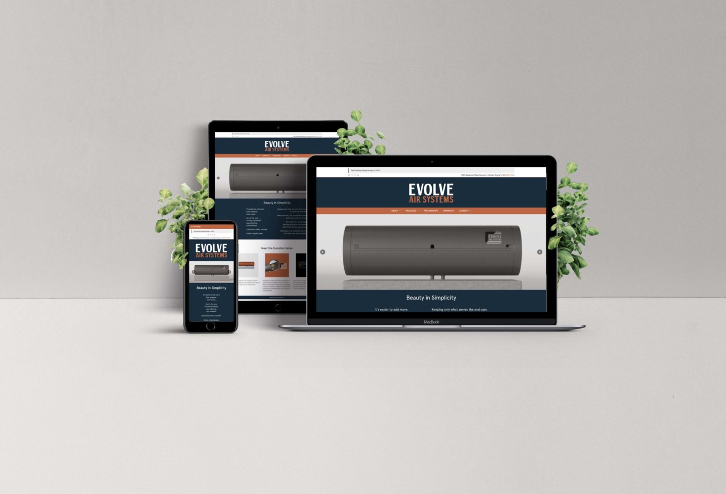 Evolve Air Systems eCommerce website displayed on multiple devices, including a smartphone and laptops, featuring a clean design and product showcase, emphasizing digital marketing solutions and customized web development.