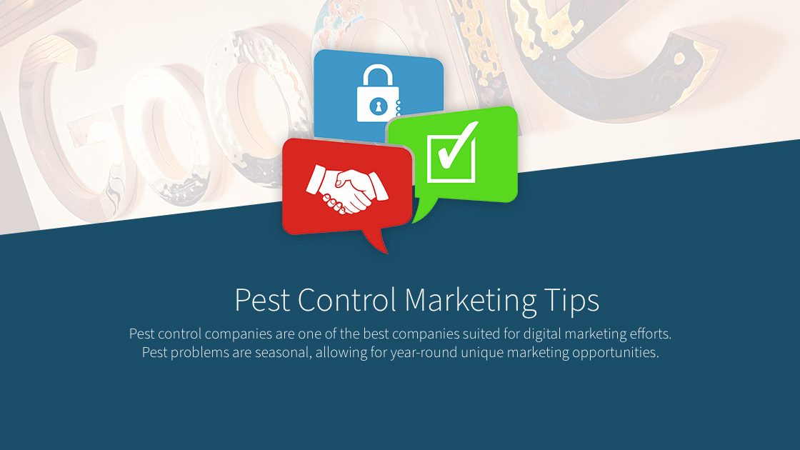 Pest Control Marketing Tips graphic featuring icons of security, partnership, and approval, emphasizing digital marketing strategies for pest control companies.
