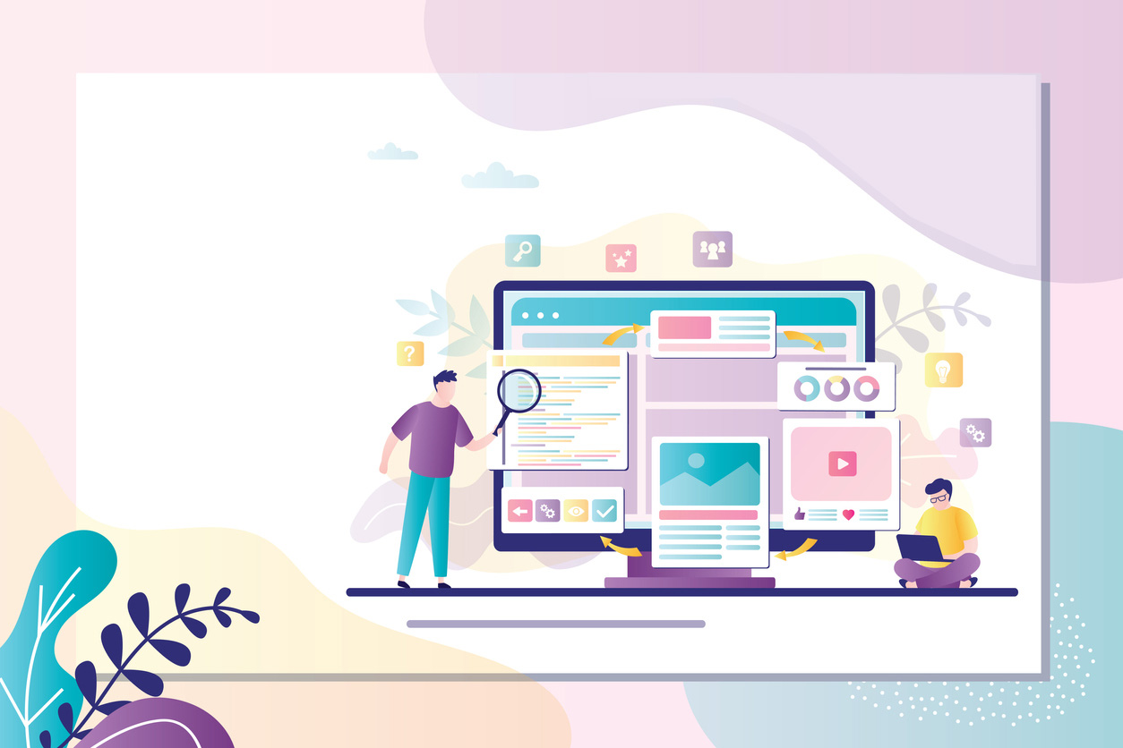 Illustration of a person examining website elements on a computer screen, representing website design and development options for businesses considering DIY website builders versus hiring a professional.