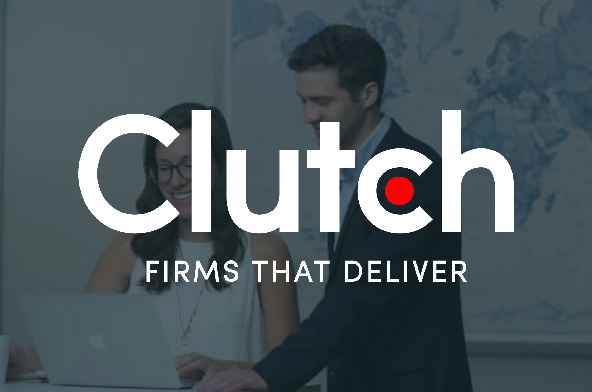 Clutch logo with tagline "Firms That Deliver," featuring two professionals collaborating over a laptop, emphasizing digital marketing agency recognition and expertise.