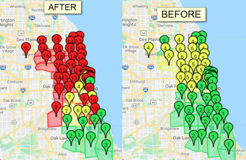 Map comparison illustrating the impact of the Google Vicinity Update on local search rankings, showing drastic changes in business visibility before (green/yellow markers) and after (red markers) the update.