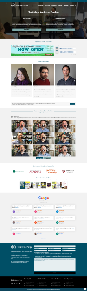 Tutoring website design featuring Solution Prep's college admission coaching services, highlighting student testimonials and educational resources, emphasizing digital marketing strategies for improved user engagement and conversion rates.