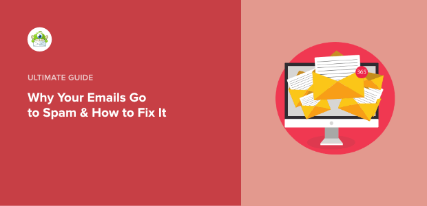 Illustration of a computer screen surrounded by various email icons, titled "Why Your Emails Go to Spam & How to Fix It," emphasizing email deliverability in digital marketing and SEO strategies.