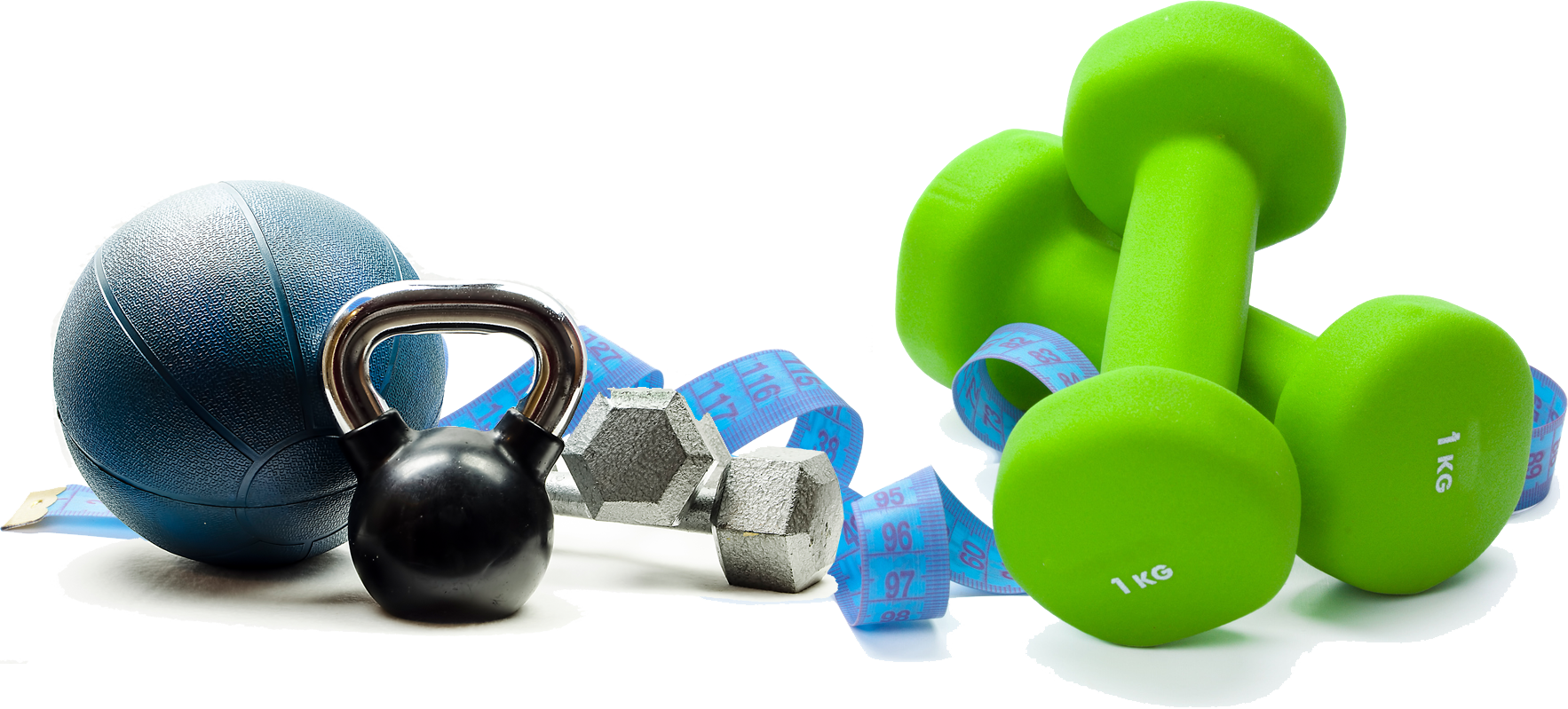Fitness equipment including a kettlebell, dumbbells, a medicine ball, and measuring tape, symbolizing effective fitness marketing strategies for gyms and fitness centers.