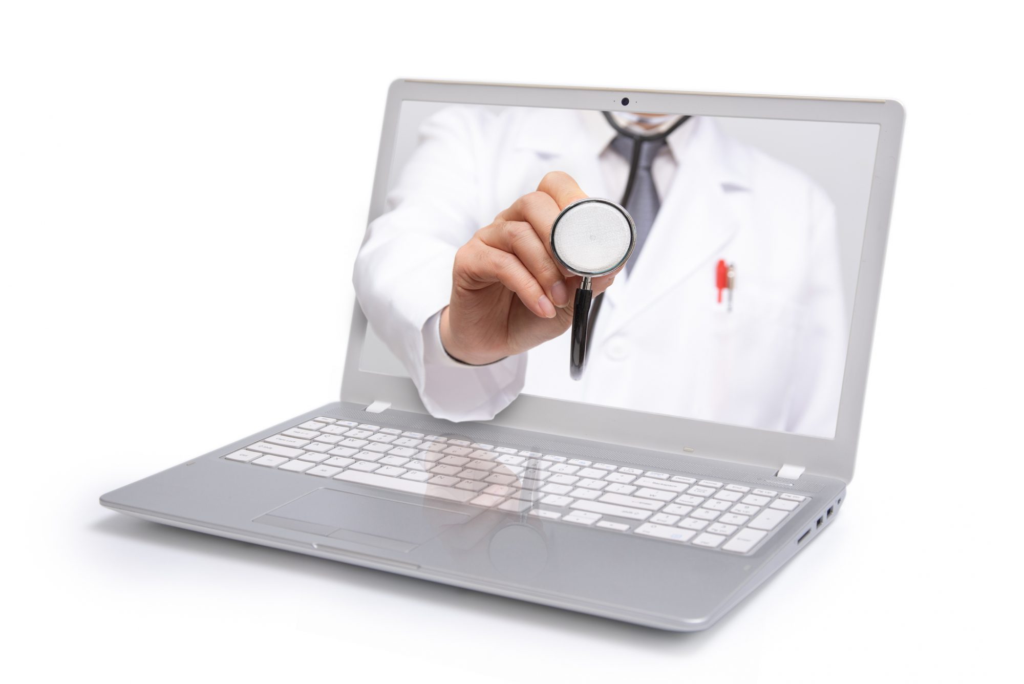 Laptop displaying a doctor holding a stethoscope, symbolizing telehealth services in healthcare marketing and SEO.