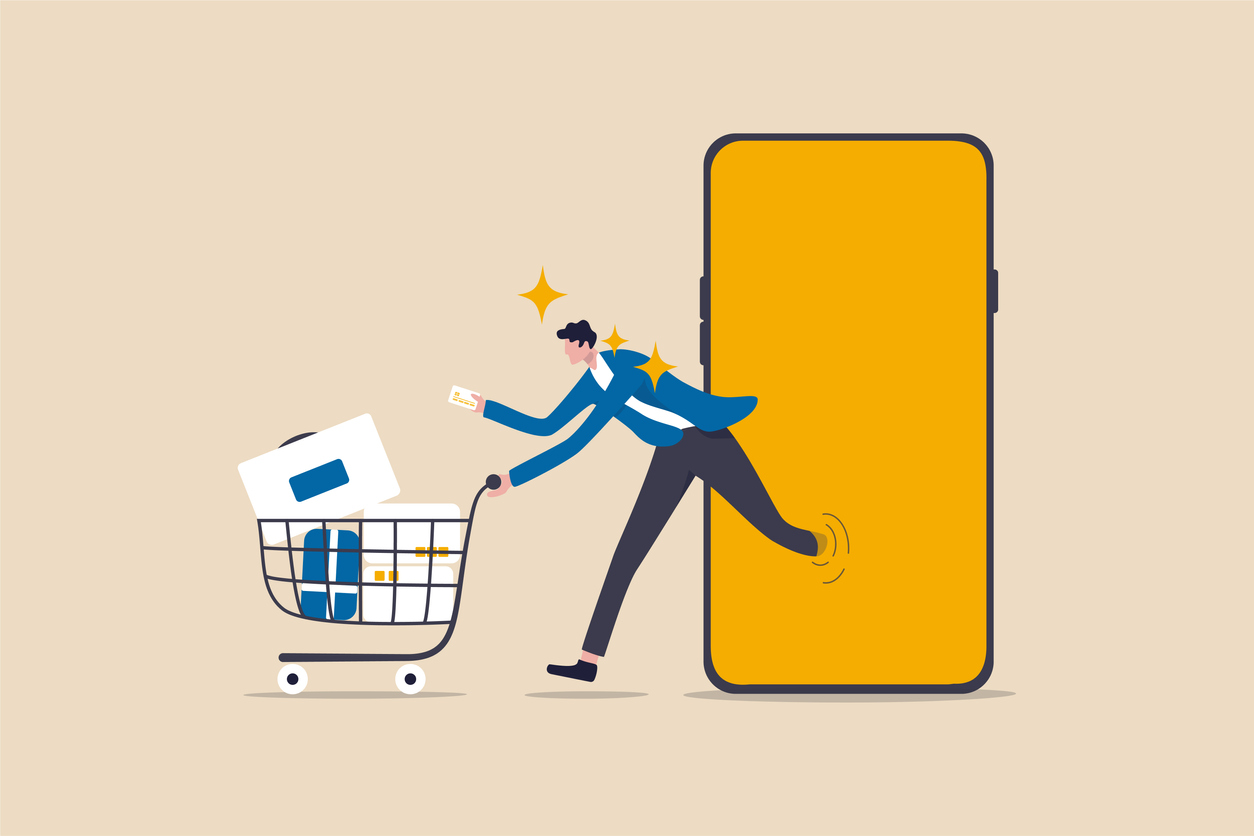 Man pushing shopping cart with packages, emerging from smartphone screen, illustrating eCommerce PPC advertising and customer engagement.