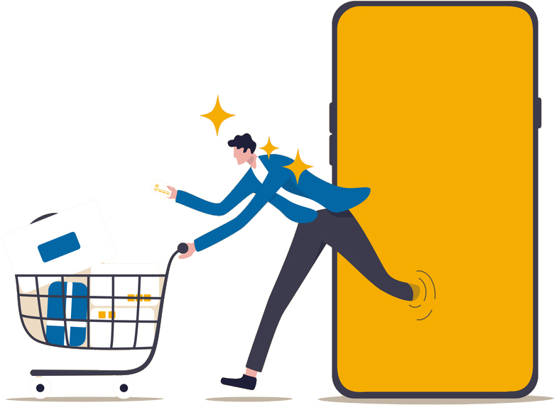 Man pushing shopping cart towards smartphone, representing eCommerce and targeted PPC marketing strategies.