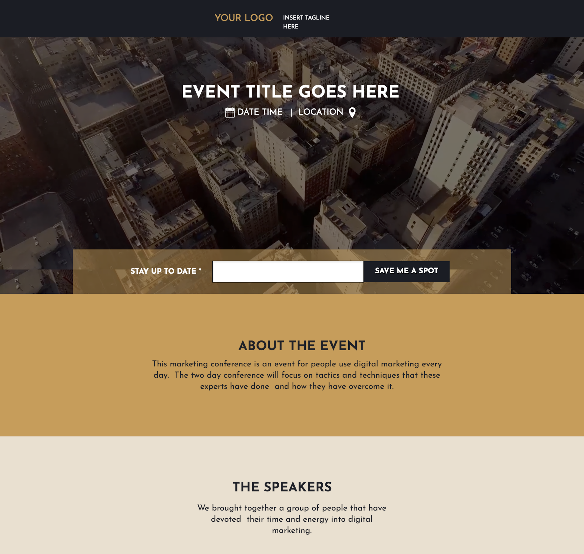 Aerial view of a cityscape with a website layout featuring a placeholder for a logo, event title, date, time, location, and sections for event details and speakers, promoting a digital marketing conference.