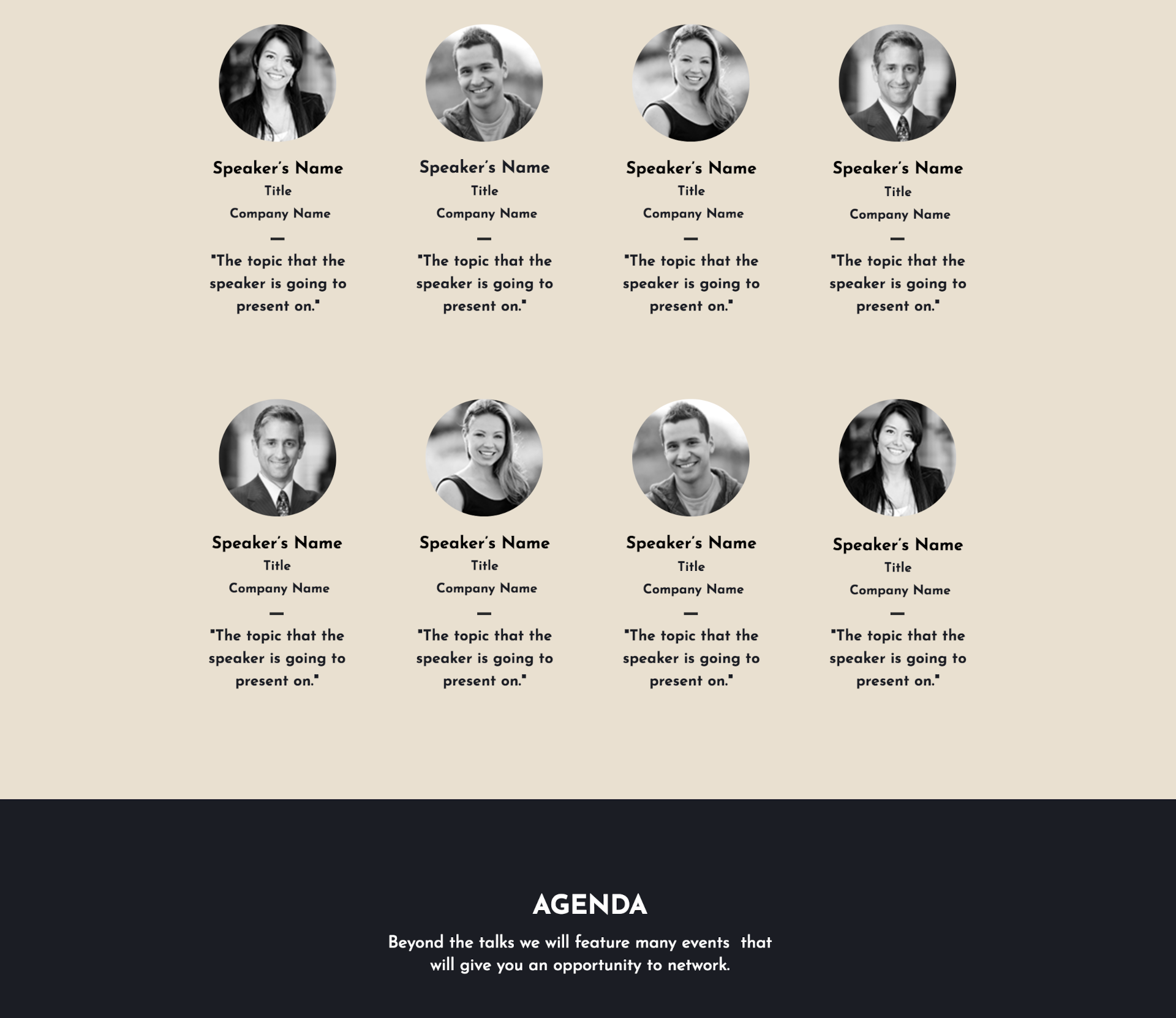 Grid of speakers' photos with names, titles, and presentation topics, showcasing a professional agenda for networking events.