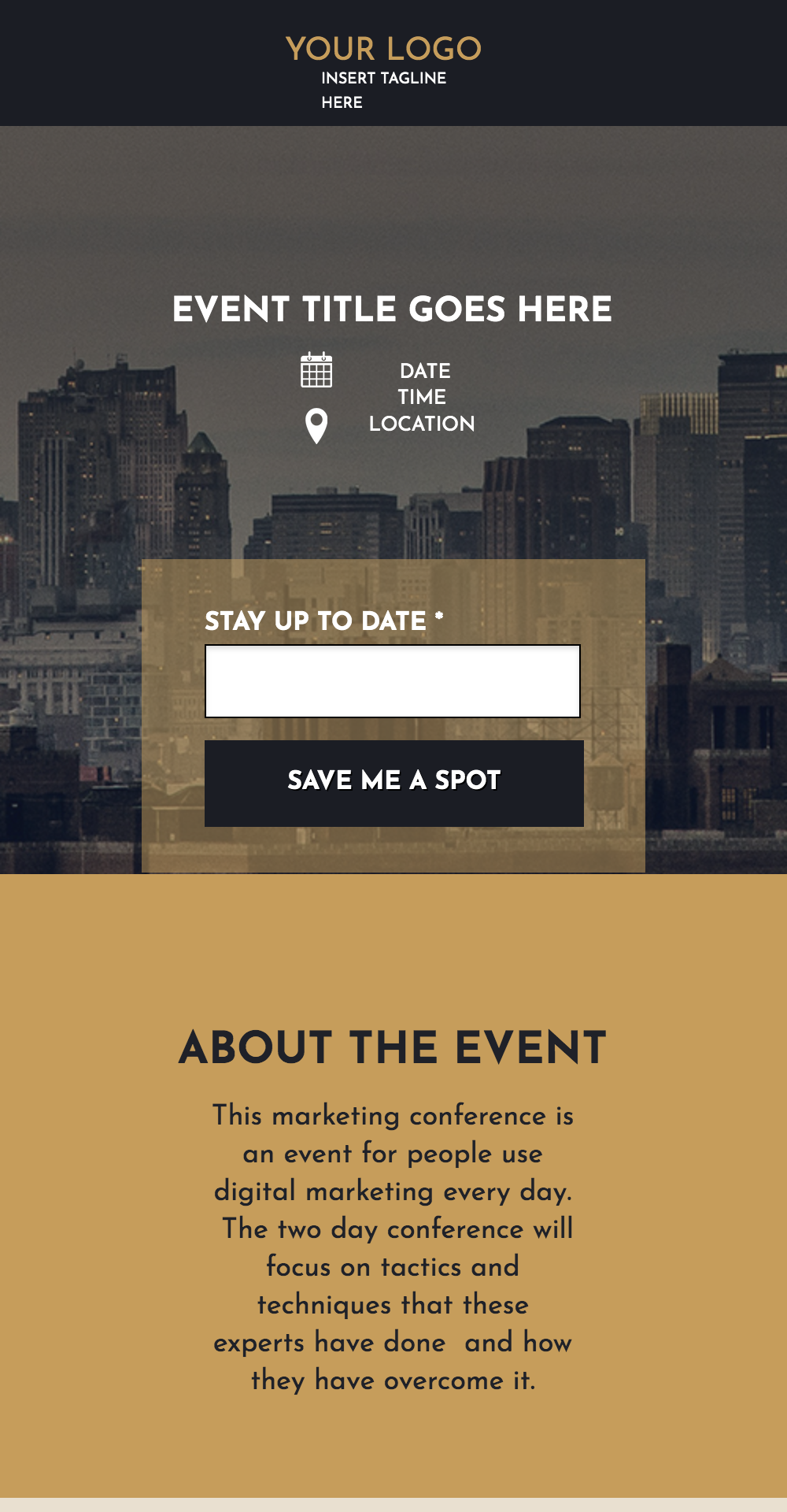 Event registration template featuring a logo placeholder, event title, date, time, location, and call-to-action buttons for staying updated and saving a spot, set against a city skyline background.