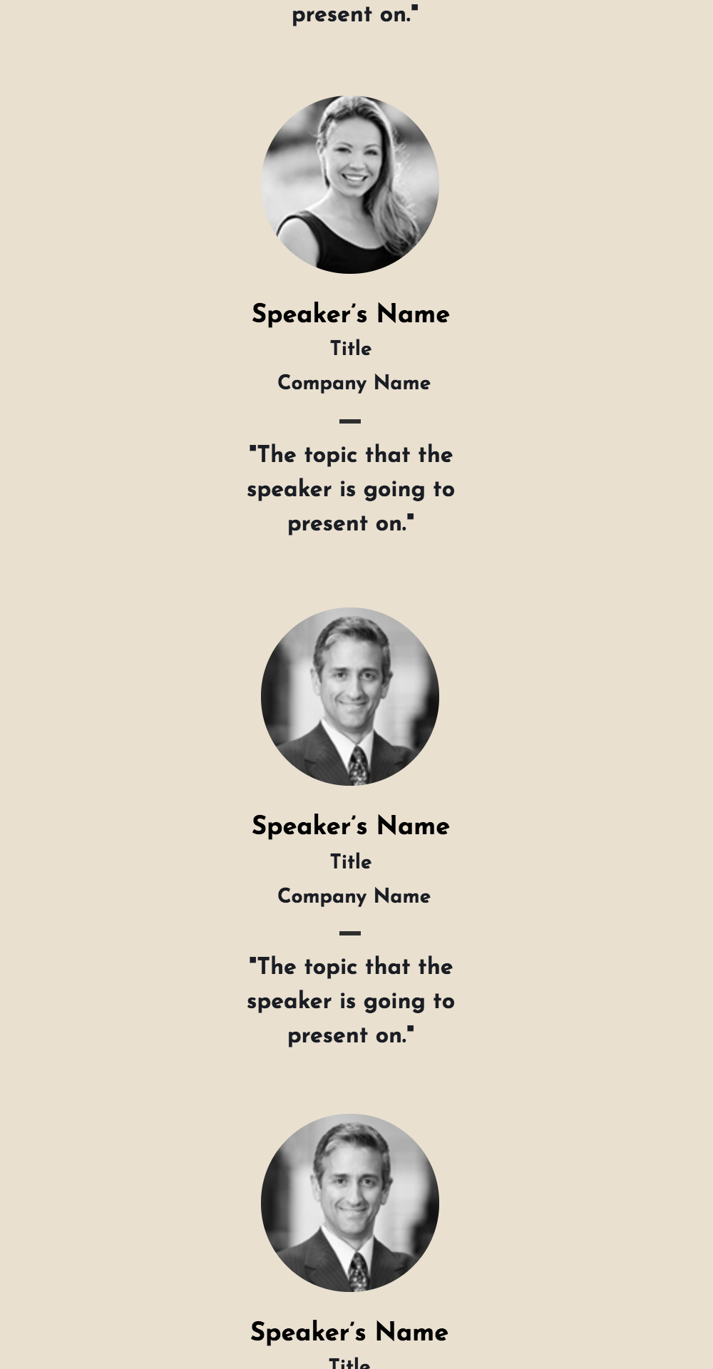 Image featuring three circular portraits of speakers with placeholder names, titles, and quotes about their presentation topics, set against a light beige background, illustrating a professional event or conference lineup.