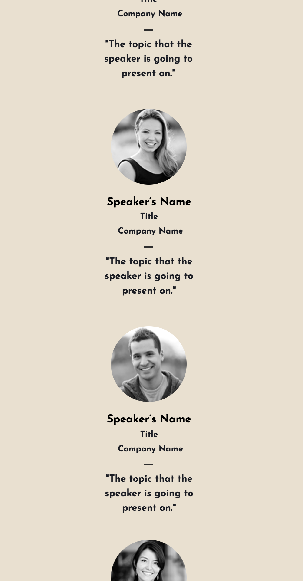 Sample wireframe design layout featuring placeholder images and text for speaker profiles, illustrating customizable website elements for small business templates.