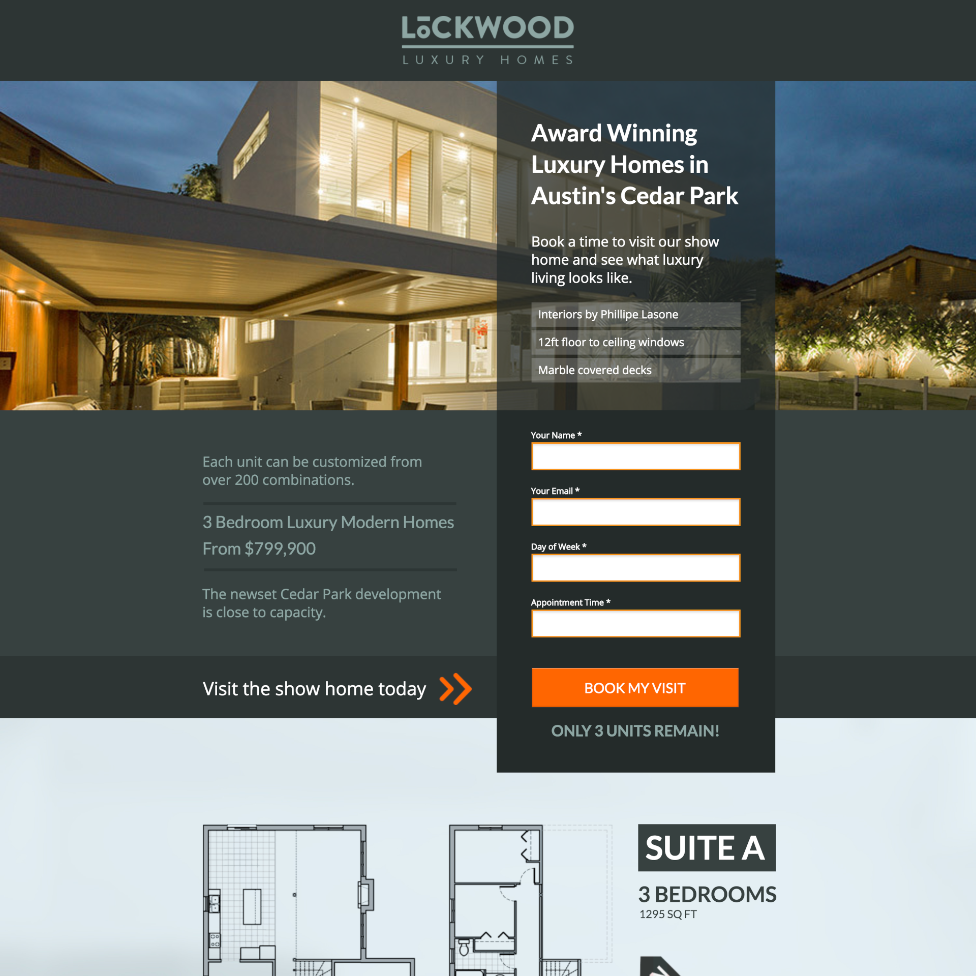 Award-winning luxury home exterior in Cedar Park, showcasing modern architecture with large windows and covered decks, promoting customizable 3-bedroom units starting at $799,900.