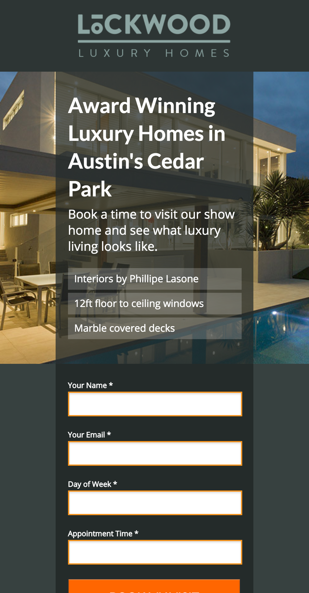 Award-winning luxury homes in Austin's Cedar Park, featuring modern architecture, large windows, and elegant design elements, with a booking form for visiting the show home.