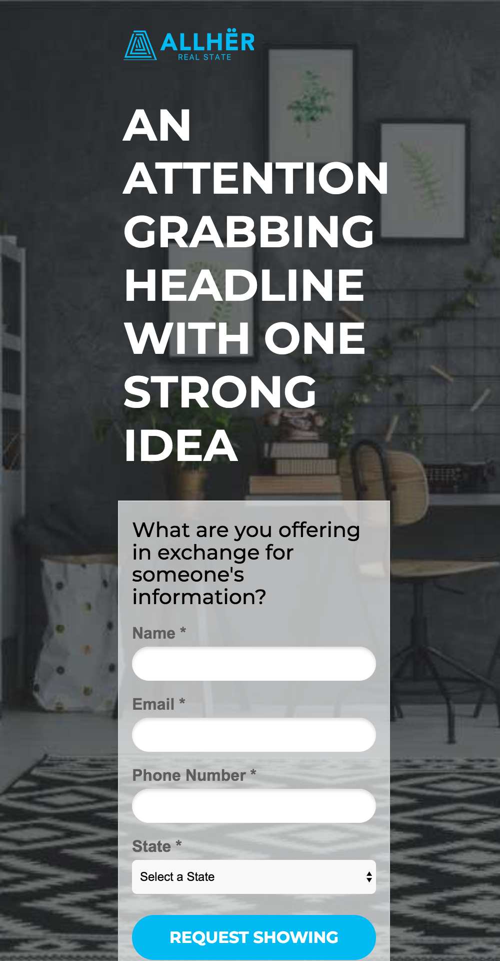 Real estate landing page featuring attention-grabbing headline and lead capture form for user engagement.