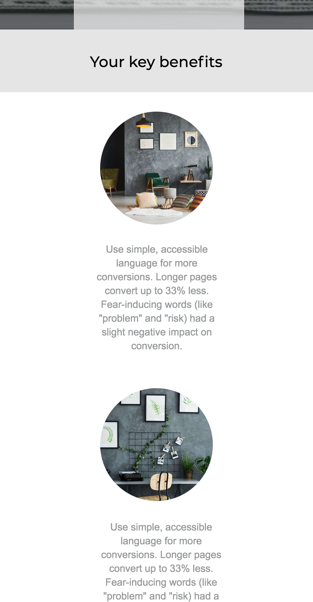 Image of two modern interior design layouts featuring stylish furniture and wall art, illustrating key benefits of simple language and design for improved conversions in small business websites.