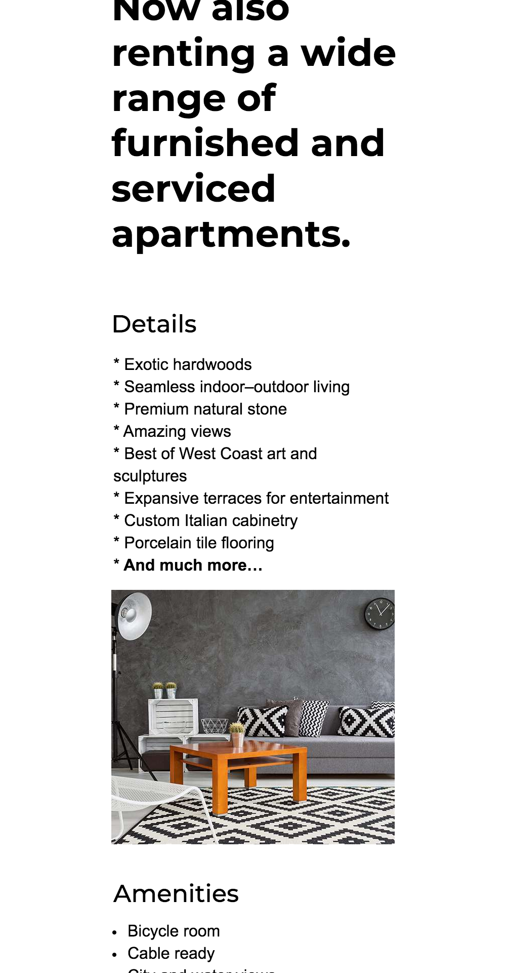 Stylish living room featuring modern furniture, including a coffee table, sofa, and decorative rug, showcasing a contemporary design ideal for serviced apartments.