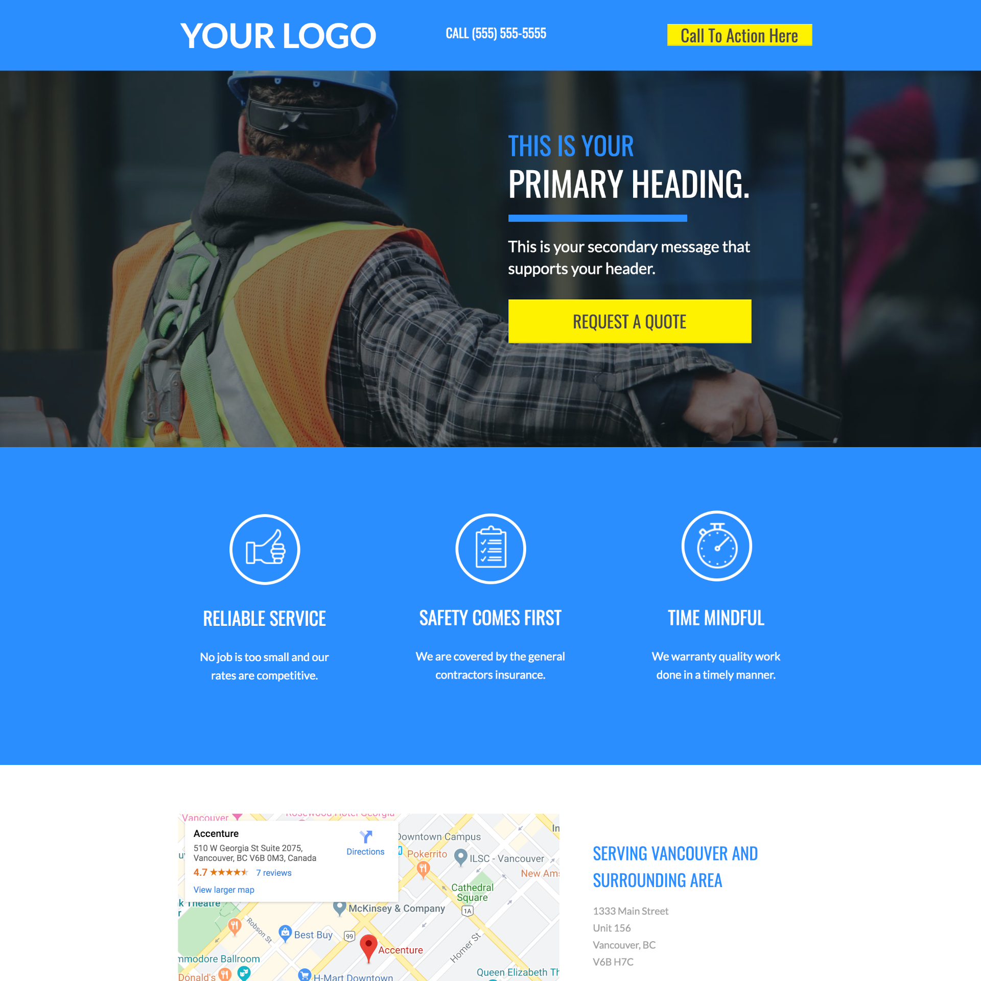 Sample website template for small businesses featuring a construction worker, customizable sections, and a call-to-action button for requesting quotes.
