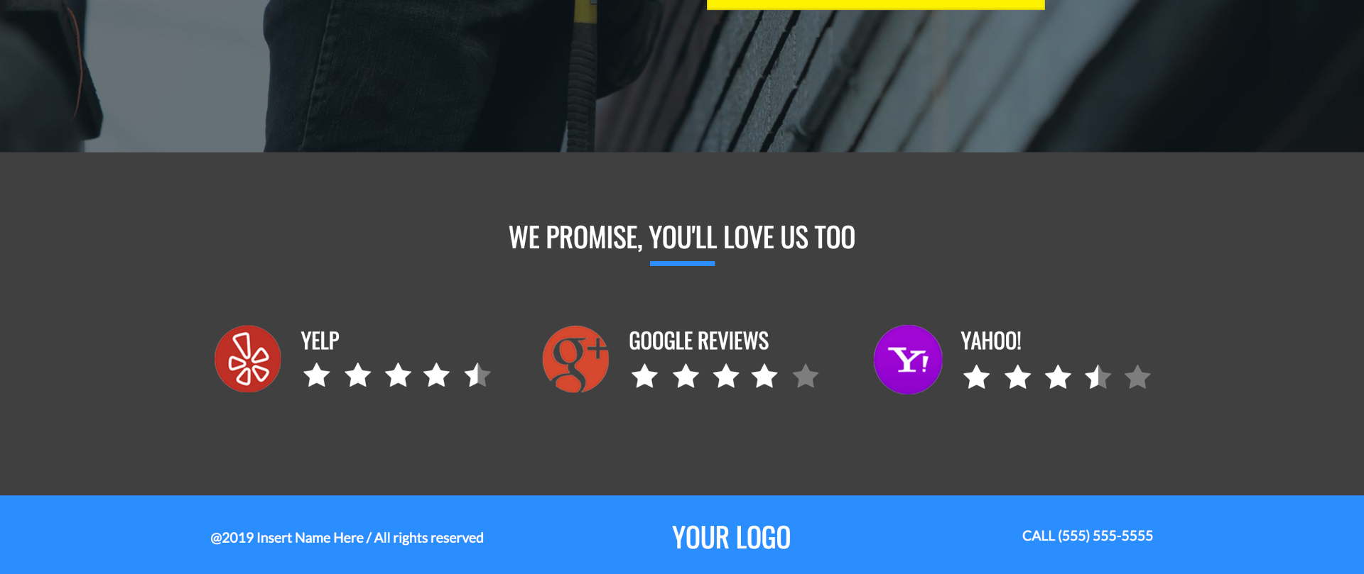 Website footer design featuring customer review icons for Yelp, Google Reviews, and Yahoo, with a placeholder for a logo and contact information, emphasizing trust and local engagement for small businesses.