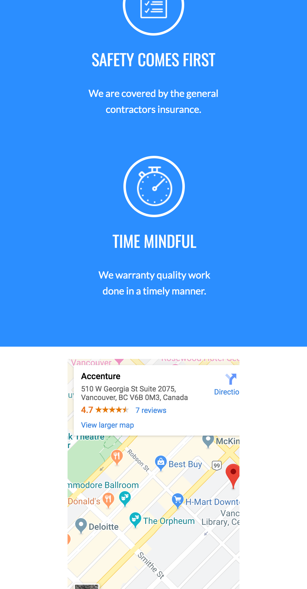 Map showing location of Accenture office in Vancouver, emphasizing safety and timely quality work for small businesses.