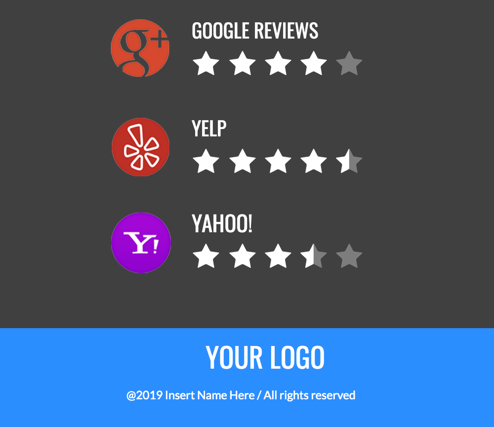 Google Reviews, Yelp, and Yahoo! ratings with star icons and placeholder logo for small business website template showcasing customer feedback.