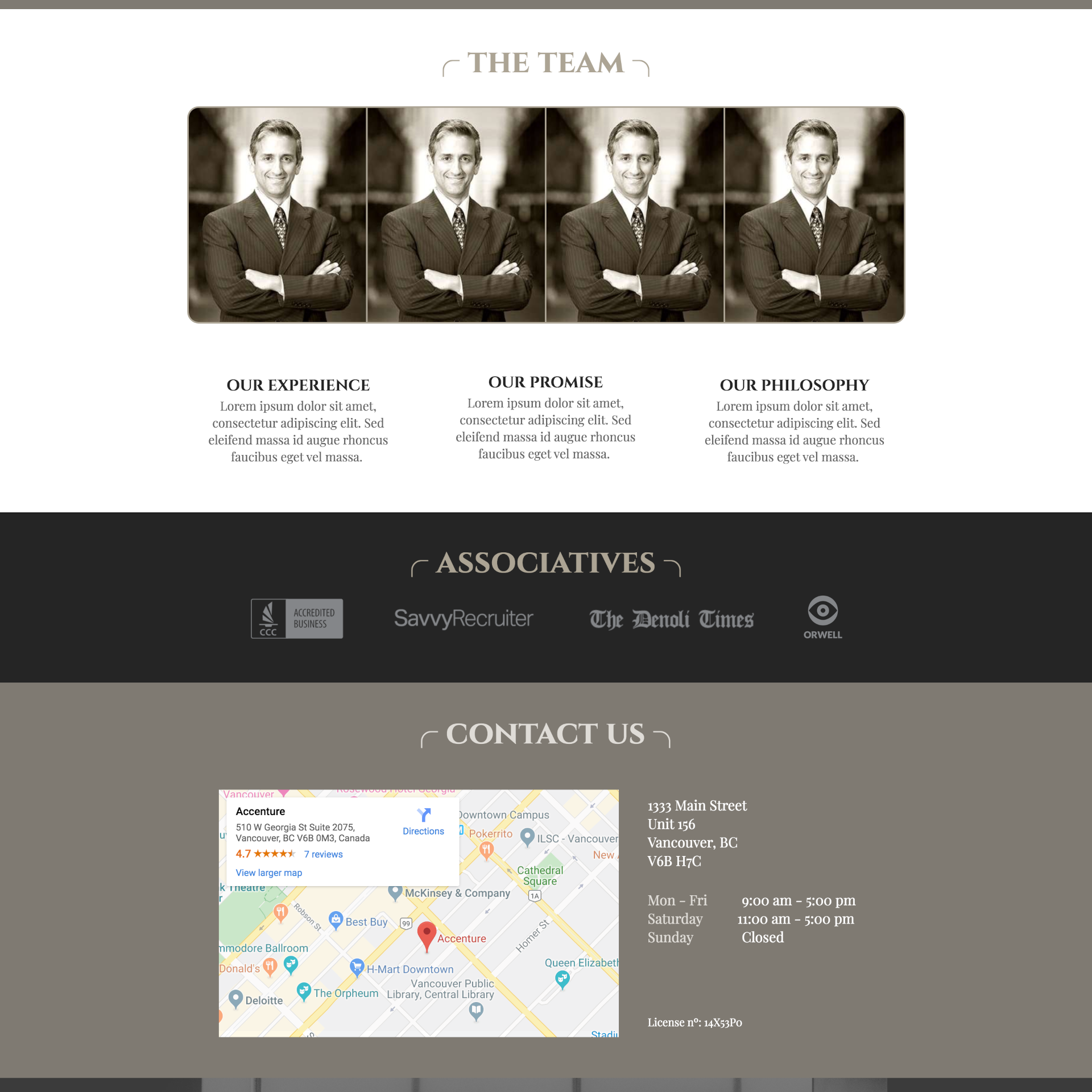 Sample wireframe design for small business website, showcasing customizable layout with areas for logos and branding, emphasizing user-friendly navigation and local lead generation.