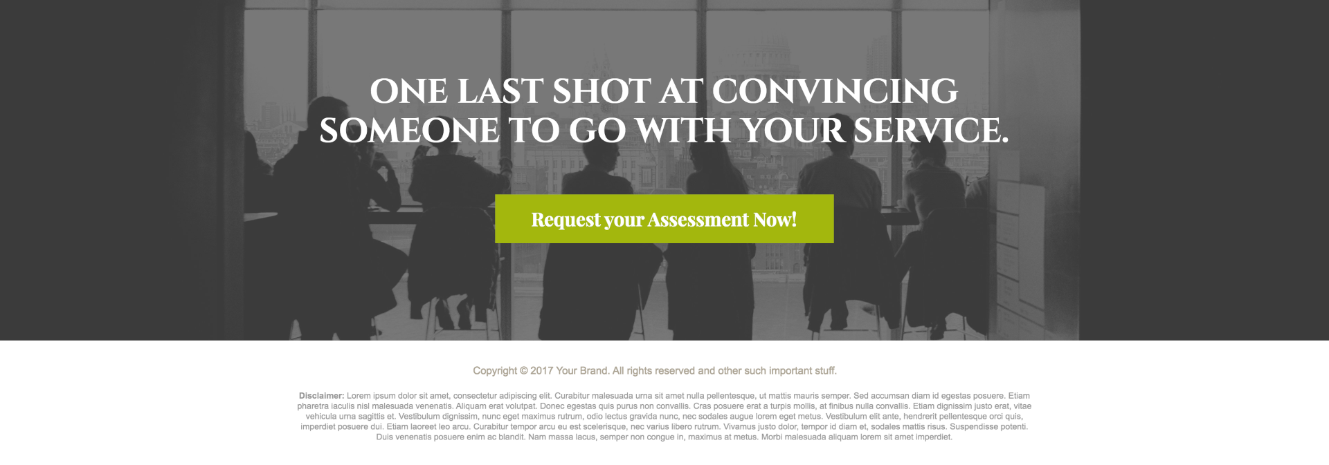 Silhouettes of professionals in a meeting room with a prominent call-to-action button stating "Request your Assessment Now," emphasizing business engagement and service promotion.