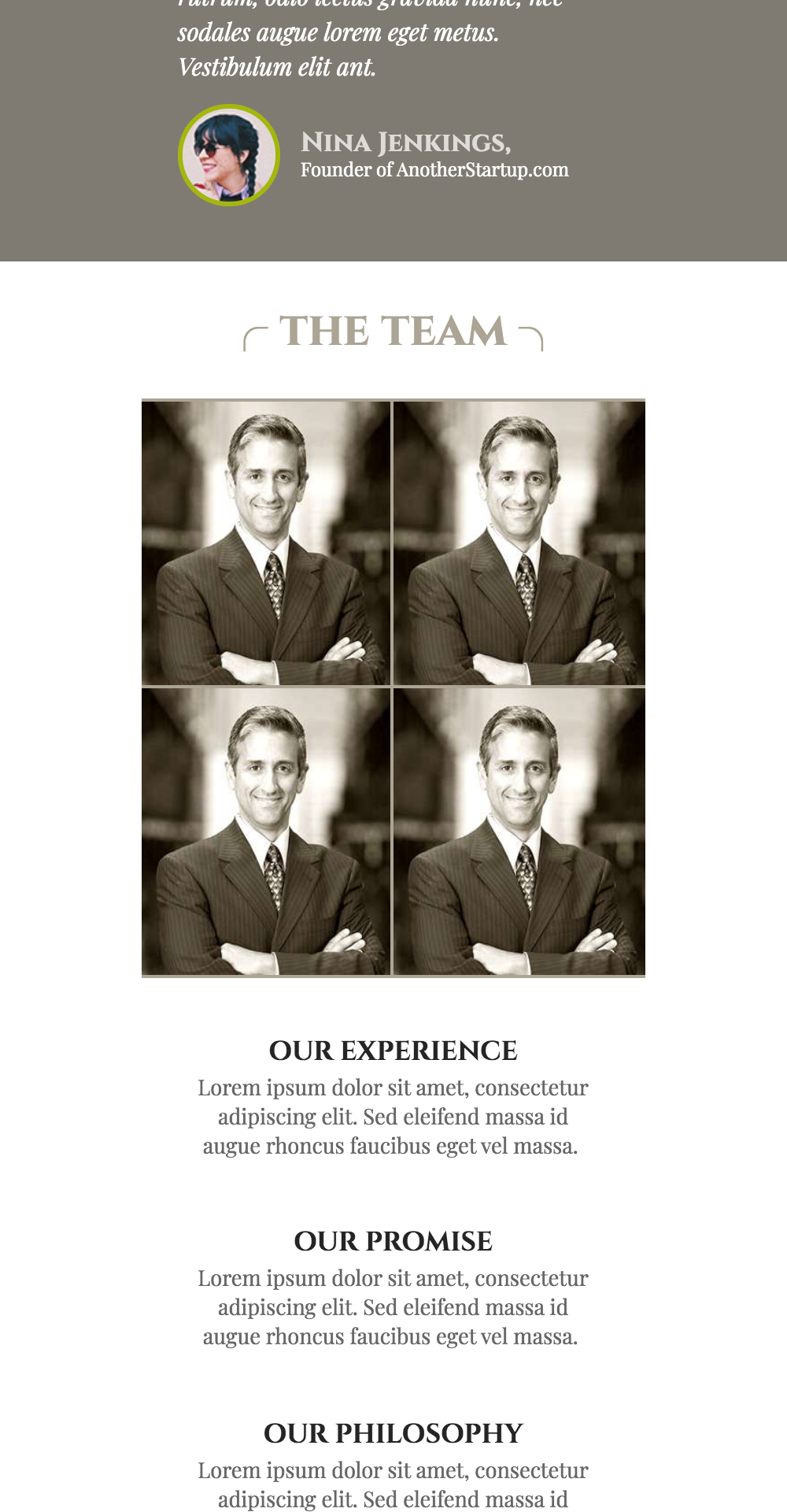 Image of a team section featuring four professional headshots of men in suits, designed for a small business website template, highlighting team experience and expertise.