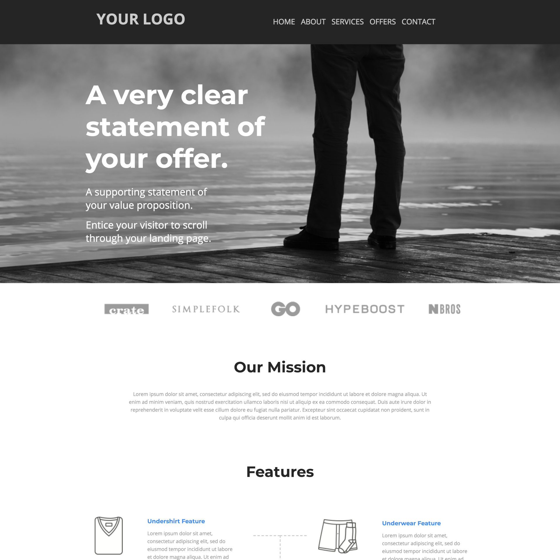Sample web template design for small business website with customizable logo and mission statement area, showcasing features and engaging layout for effective customer engagement.