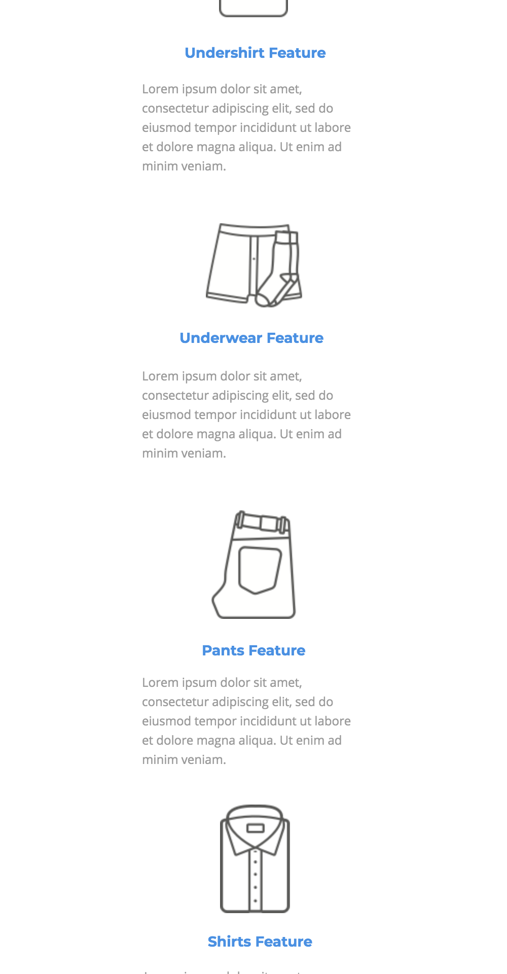 Illustration of clothing features including undershirt, underwear, pants, and shirts, highlighting product categories for a clothing website.