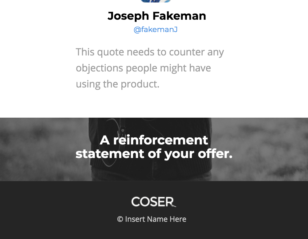 Quote by Joseph Fakeman emphasizing product benefits, with reinforcement statement for offers, featuring Coser branding.