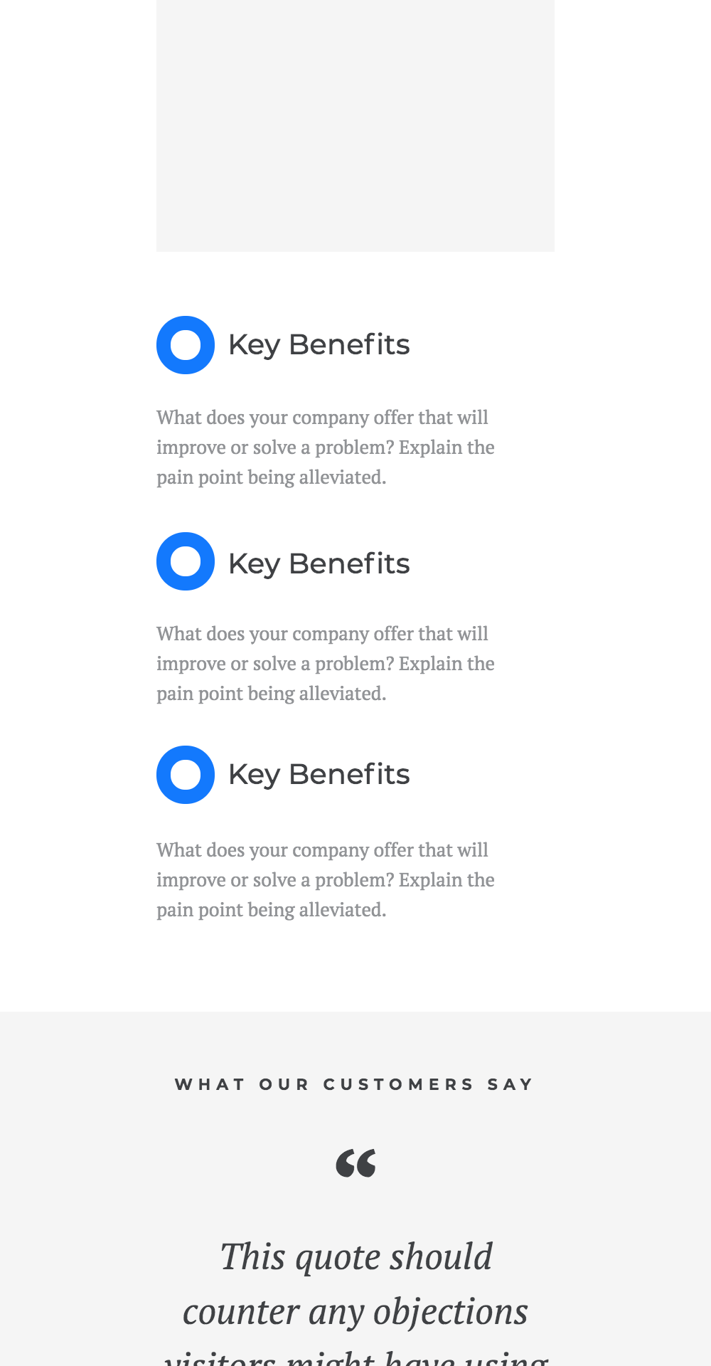 Wireframe design sample featuring editable sections labeled "Key Benefits" for showcasing business offerings and customer testimonials, aligned with small business web development services.