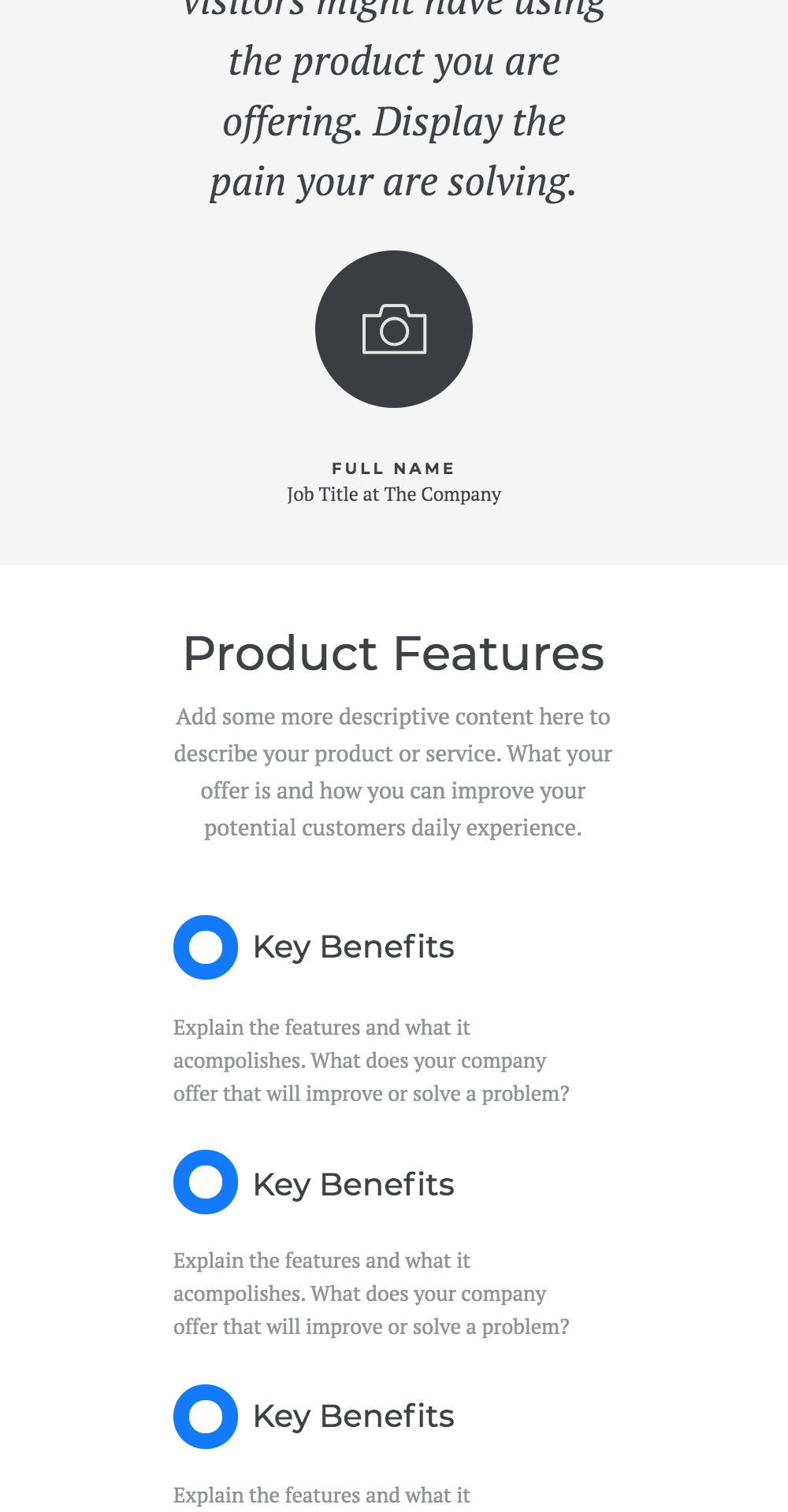 Sample wireframe design for small business website showcasing editable sections for branding and content customization.