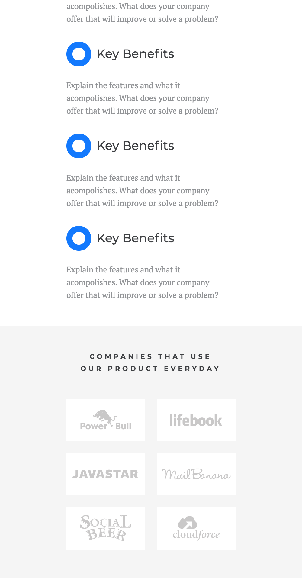 Wireframe design sample for small business websites showcasing editable areas for custom branding, colors, and layout options.