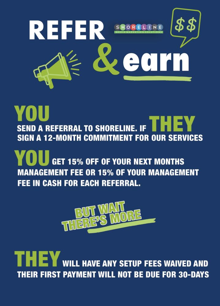 Referral program promotional graphic for Shoreline Digital Marketing, featuring text highlights on referral benefits, including earning 15% off management fees and waived setup fees for new clients.